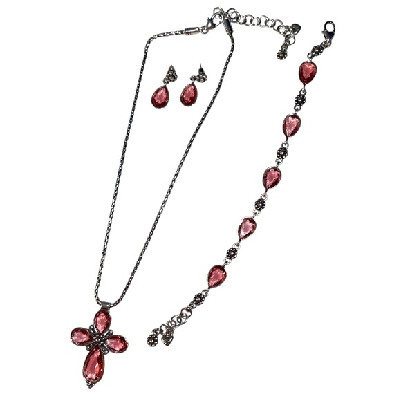 BRIGHTON 3 PIECE SET -LaVie Iridescent Pink Crystal Cross w/ Earrings & Bracelet - Picture 9 of 15